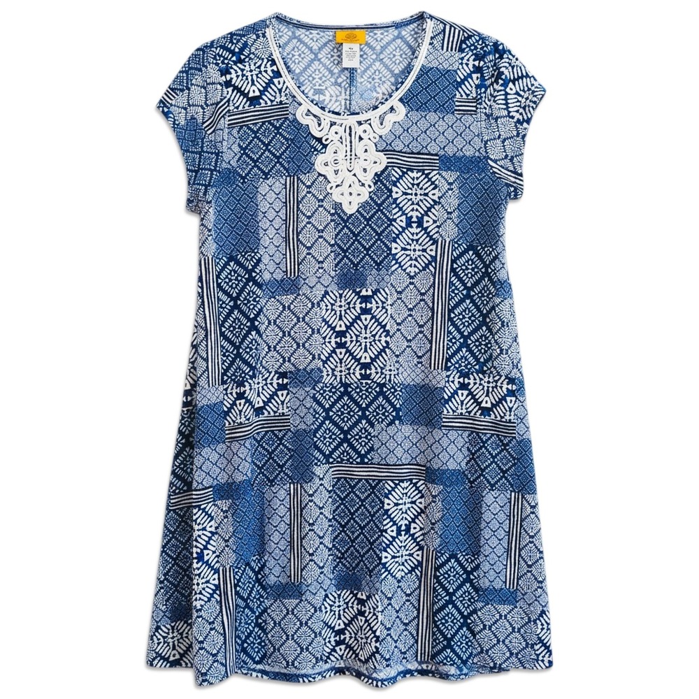 Ruby‎ Rd. Petite Shift Dress Womens PM Blue Geometric Soutache Boho Mosaic